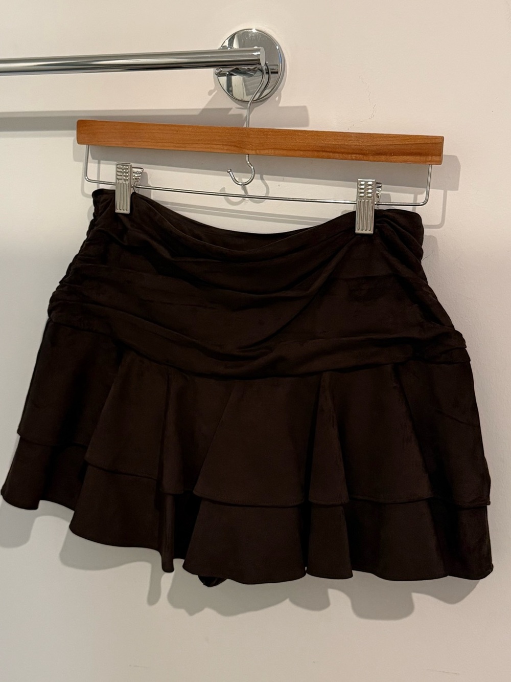 Zara Brown Faux Suede Tiered Circle Skater Mini Skirt